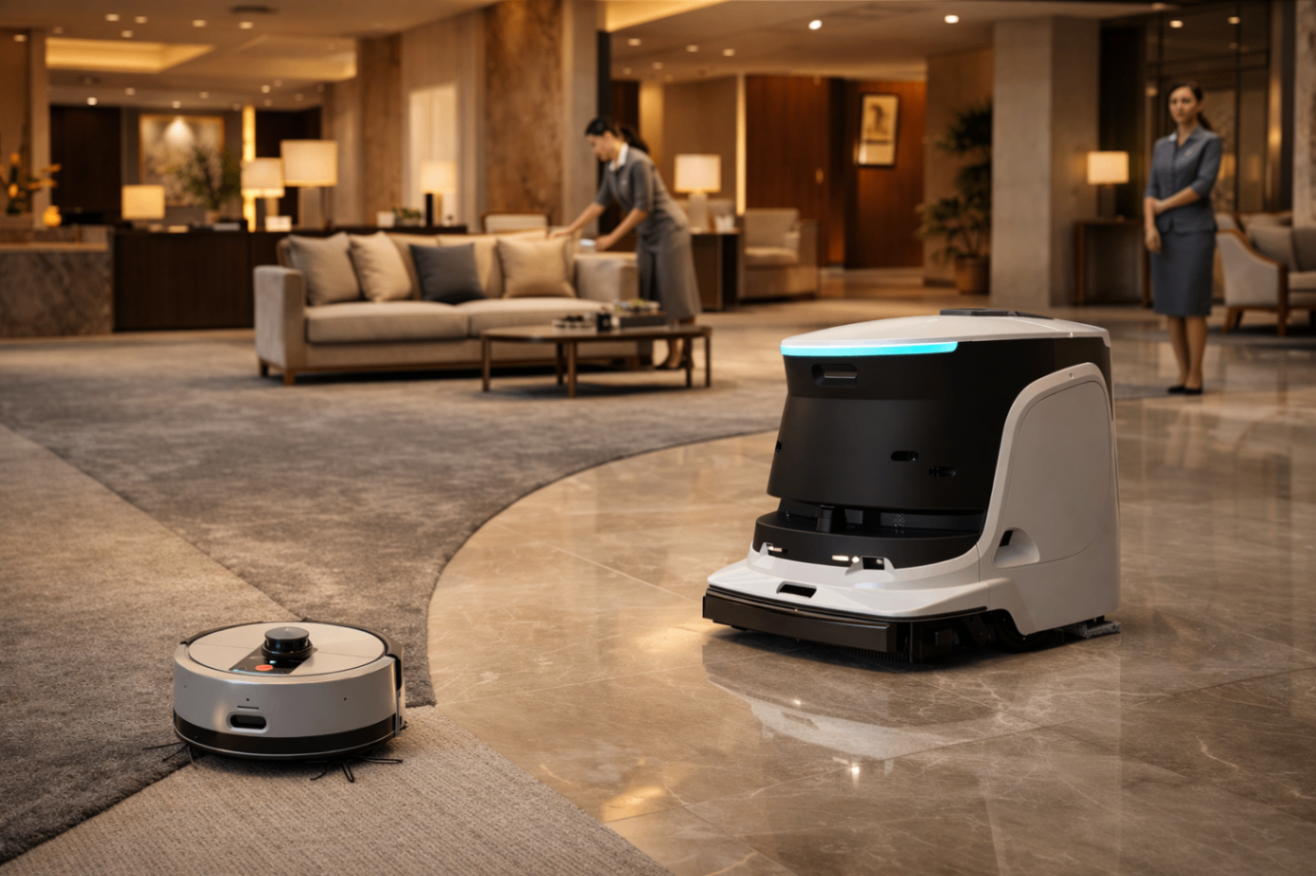 Reinigungsroboter im eleganten Hotellobbybetrieb – Saugroboter und Wischroboter im Einsatz